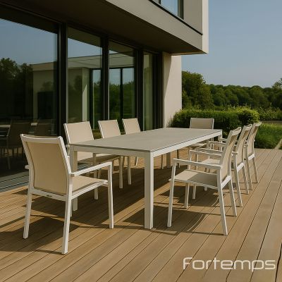 Ensemble Livorno blanc 220/330x106cm céramique "Palladium Grey" + 8 fauteuils Beja
