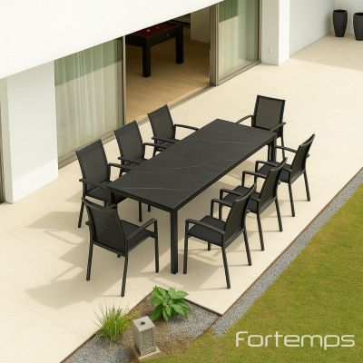 Ensemble Anthracite Livorno / Sevilla - Table Livorno 220/330x106cm céramique "Graphite Grey" + 8 fauteuils Sevilla