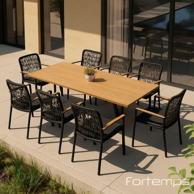 Ensemble Yate / Loya : Table Yate 280x100cm en teck + 8 fauteuils Loya