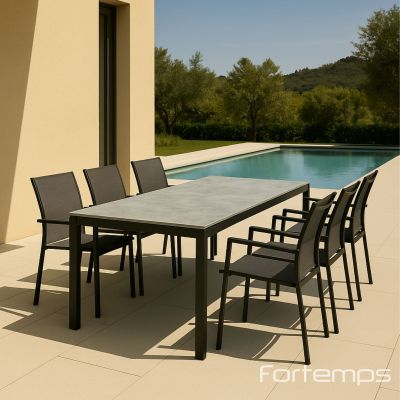 Ensemble noir Danli / Loya : Table Danli 220x100cm céramique "Ash Grey" + 6 fauteuils Loya