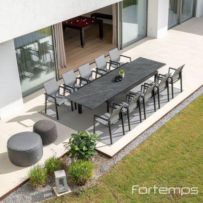 Ensemble Livorno 220/330x106cm céramique "Graphite Grey" + 8 fauteuils Beja