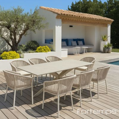 Ensemble Yate / Tofino : Table Yate 220x100cm céramique "Chianca" + 6 fauteuils Tofino