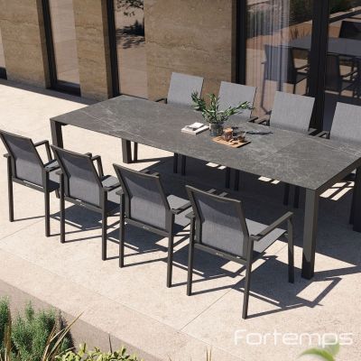 Ensemble de jardin anthracite : Table Forli en céramique  graphite grey 220/280x100cm + 6 fauteuils Beja