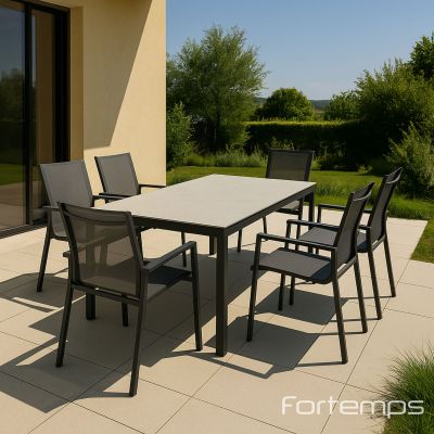 Ensemble de jardin anthracite : table Danli fixe en céramique 160X90CM + 4 fauteuils Beja