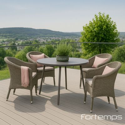 Ensemble de jardin avec table ronde anthracite Ø 134cm + 4 fauteuils en tressé Glen