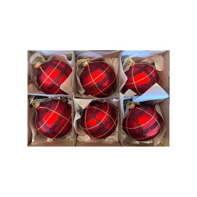 Lot de 6 boules de Noël quadrillées rouge