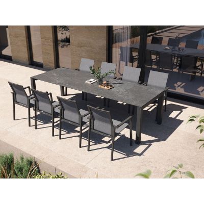 Ensemble de jardin anthracite : Table Forli en céramique  graphite grey 220/280x100cm + 8 fauteuils Beja