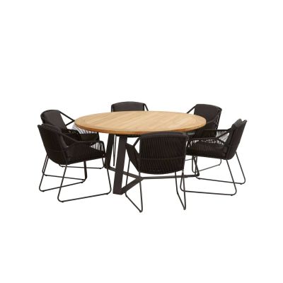 Ensemble de jardin Basso/Accor: table teck Ø160 cm + 6 fauteuils 
