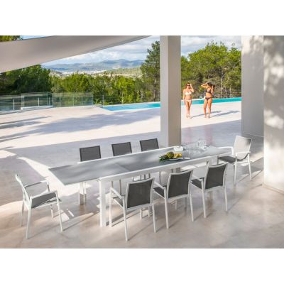 Ensemble de jardin blanc : table verre Livorno 220/330 x 106 cm + 8 fauteuils Sevilla