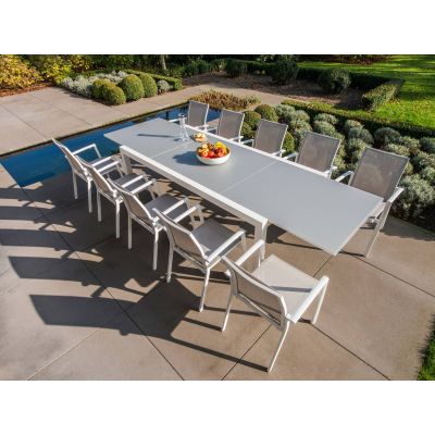 Ensemble de jardin blanc  : table verre Livorno 220/330 x 106 cm + 10 fauteuils Arcueil