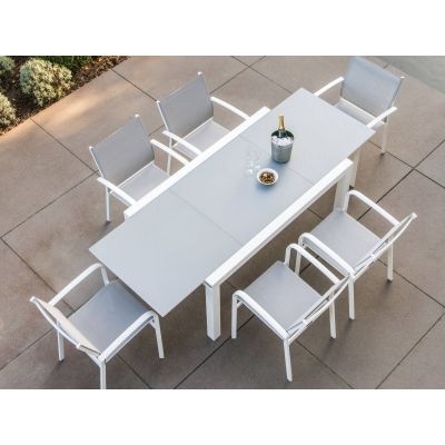 Ensemble de jardin blanc : table verre Livorno 152/228 x 90 cm + 6 fauteuils Sevilla