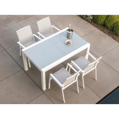 Ensemble de jardin blanc : table verre Livorno 152/228 x 90 cm + 4 fauteuils Sevilla