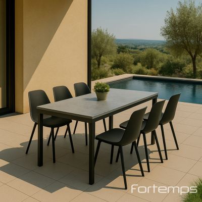 Ensemble Danli / Galati : Table Danli 220x100cm en céramique "Ash Grey" + 6 fauteuils Galati