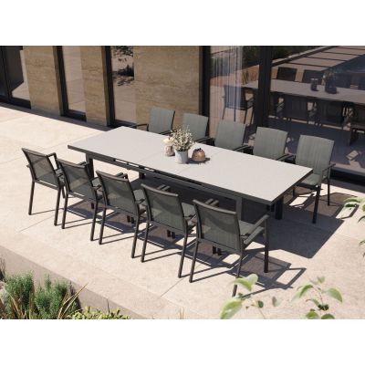 Ensemble de jardin en anthracite : Table Gabon en céramique ash grey 220/280x100cm + 8 fauteuils Beja