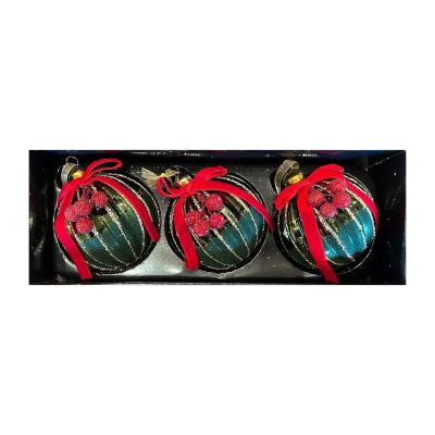 Lot de 3 boules de Noël vertes avec baies rouge et paillettes dorées